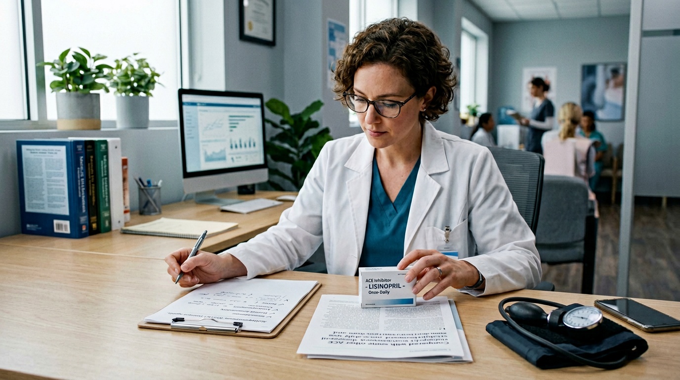 Clinician reviewing antihypertensive treatment options on a desk
