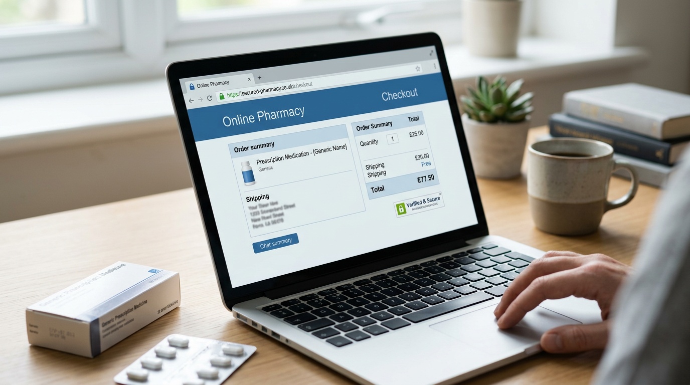 Secure online pharmacy checkout with medicine package and verification cues