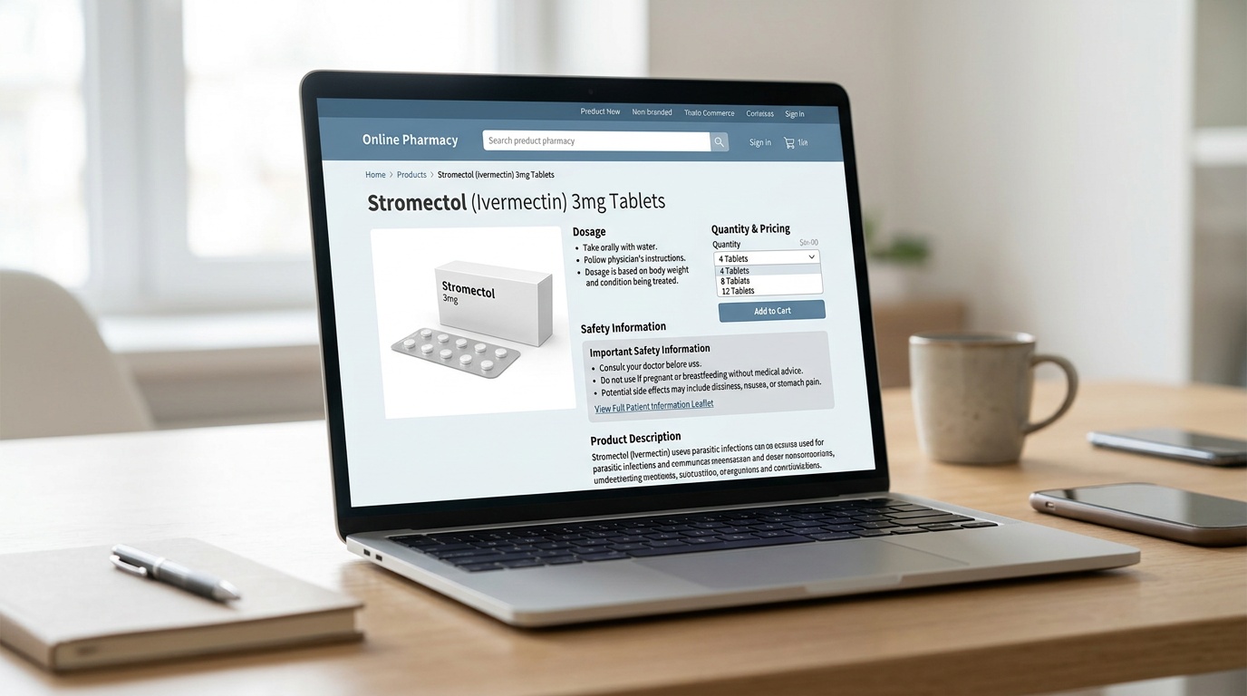 Online Stromectol product page displayed on a laptop with medication details visible