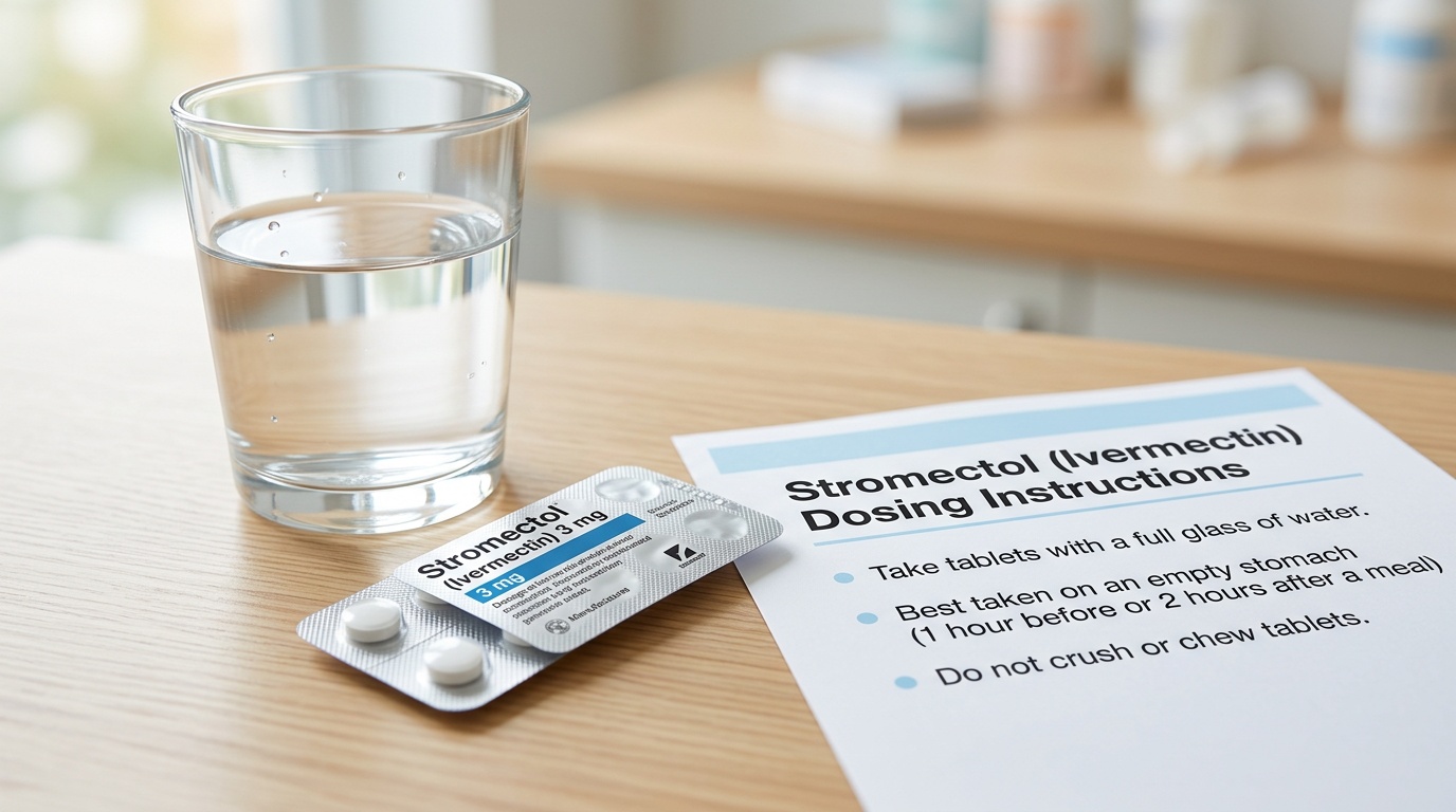 Glass of water beside Stromectol tablets and printed dosing instructions