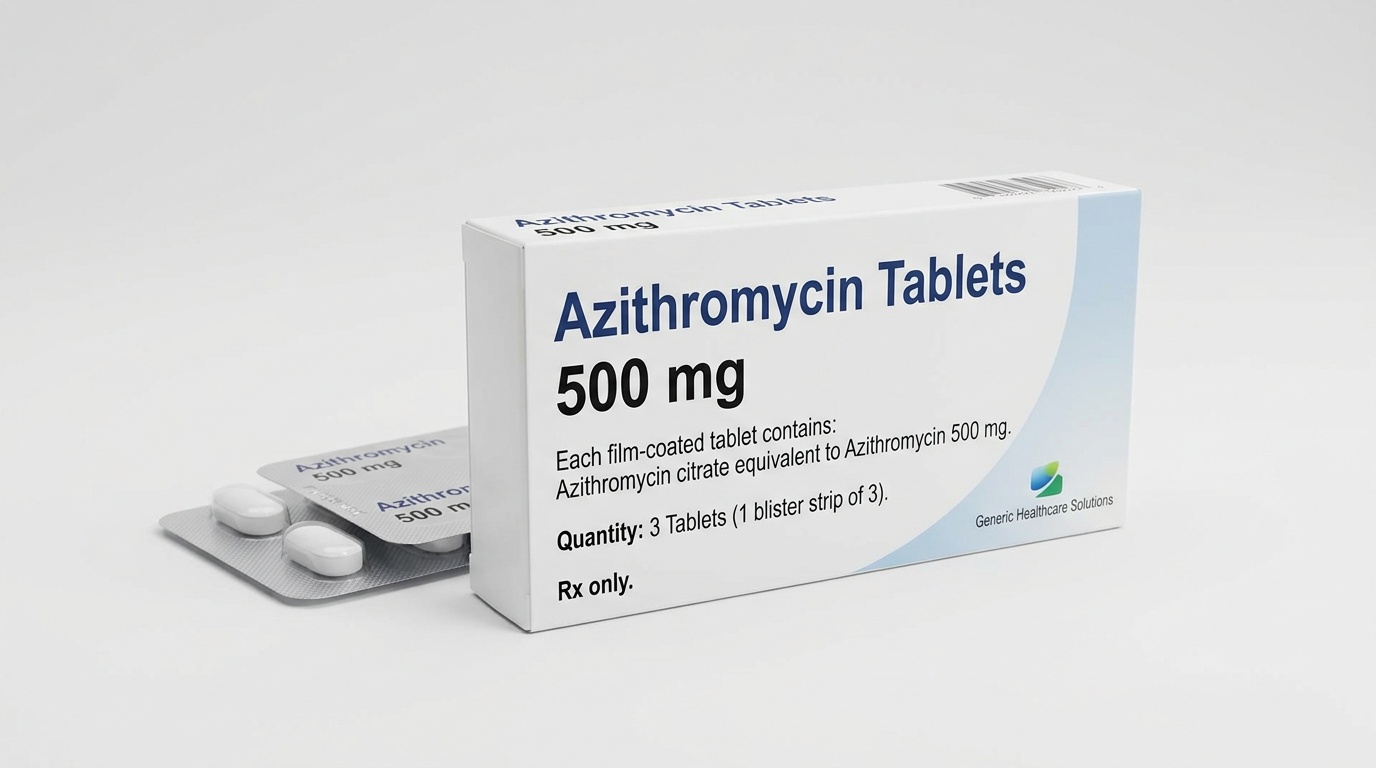 Zithromax or azithromycin 500 mg tablet packaging displayed in a simple clinical product view