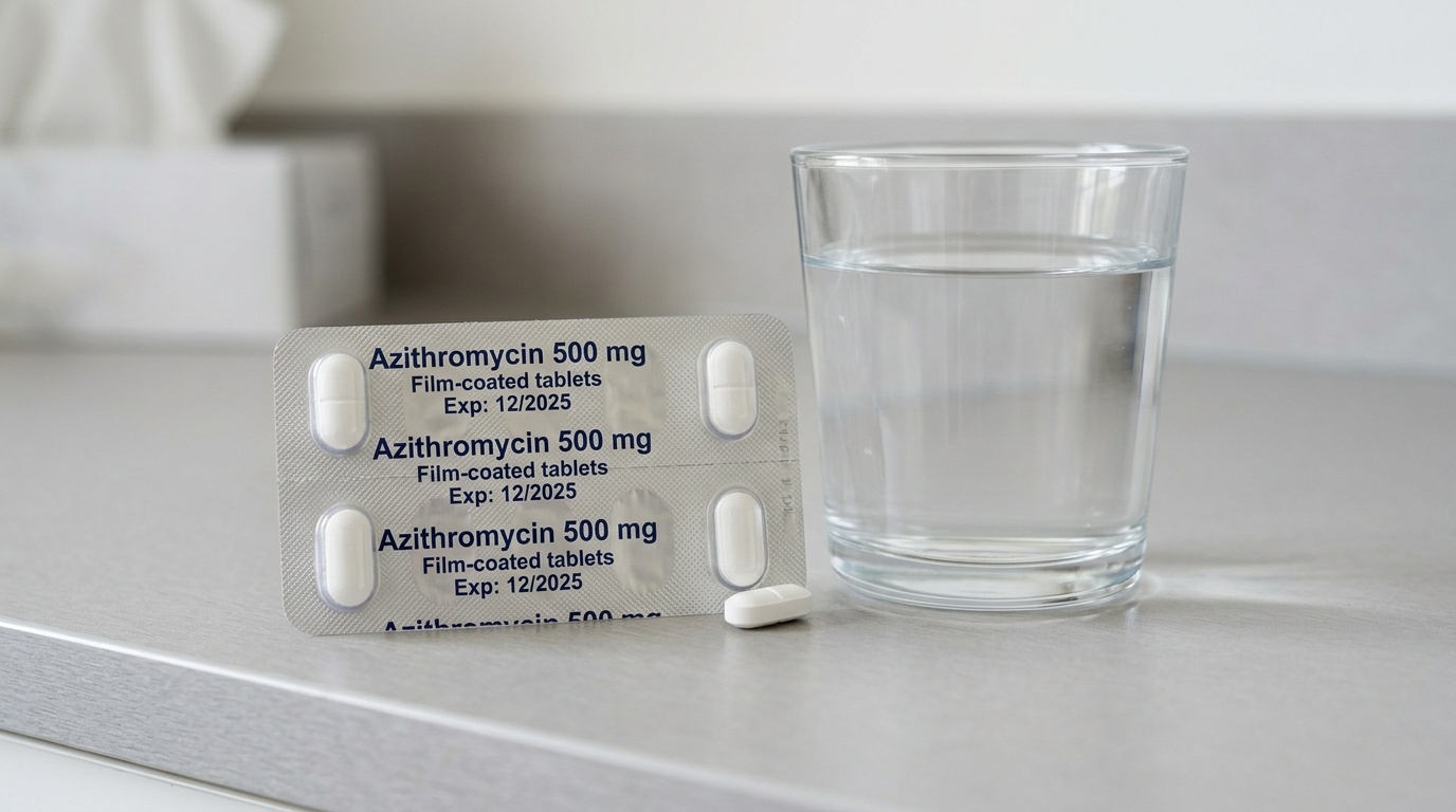 Close-up of azithromycin 500 mg tablets with a glass of water in a simple dosing context