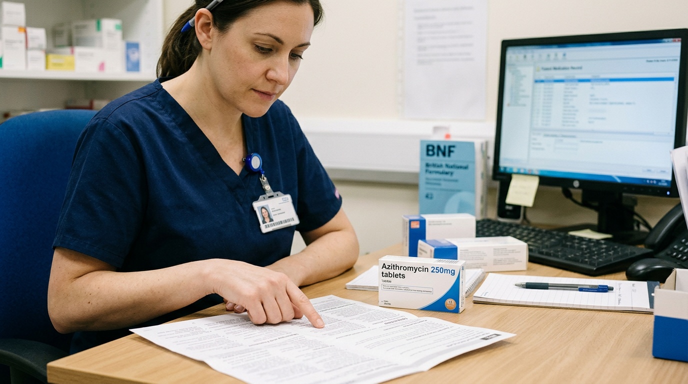 Healthcare professional reviewing medication safety information for azithromycin treatment