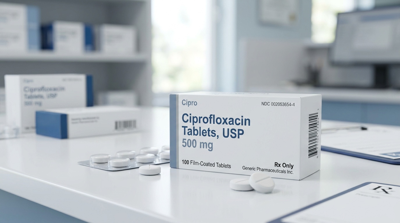 Cipro ciprofloxacin tablets and packaging presented in a clean clinical setting