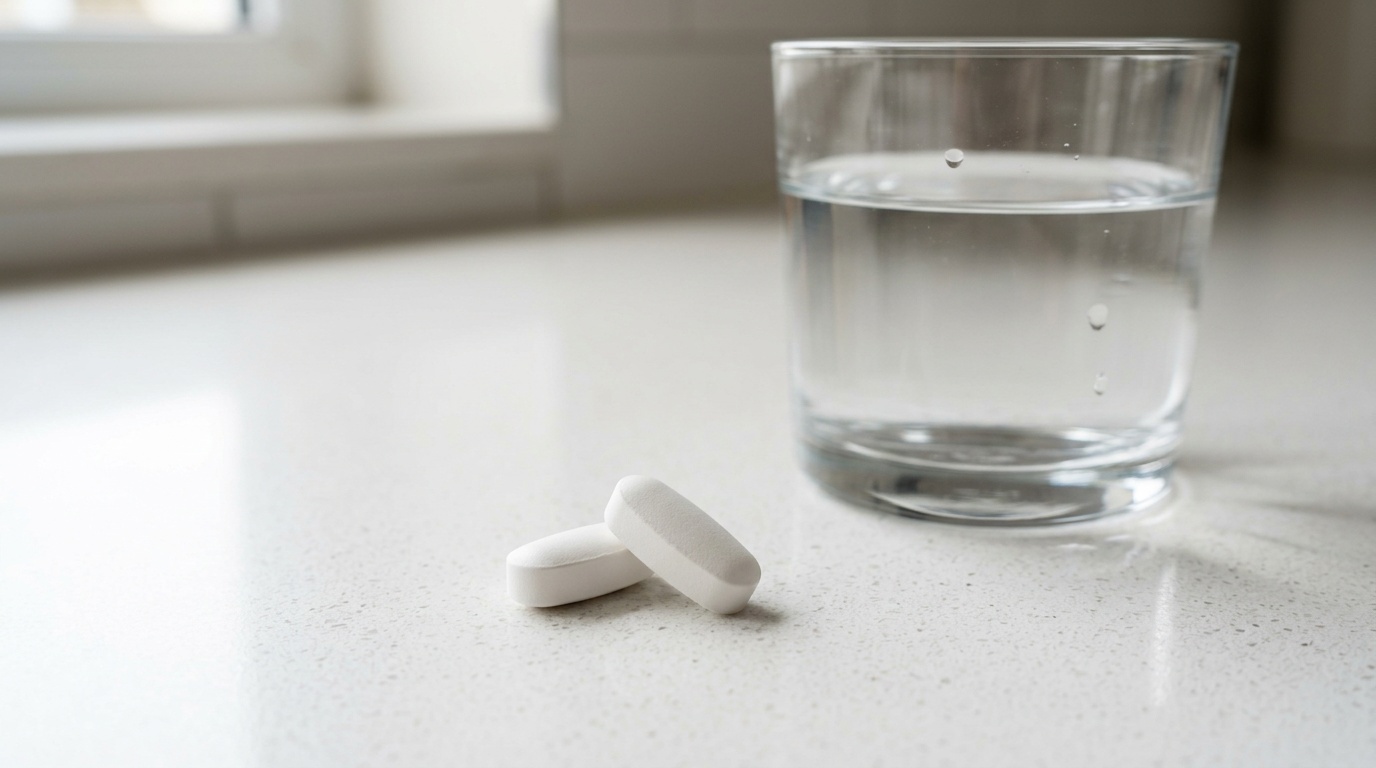 Ciprofloxacin tablets beside a glass of water to illustrate proper oral use