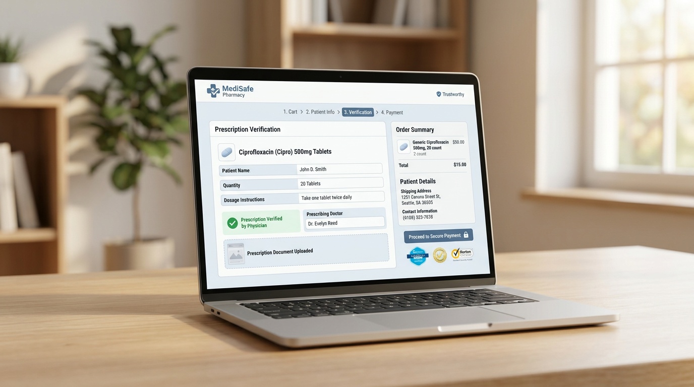Online pharmacy ordering interface for Cipro with medicine details visible