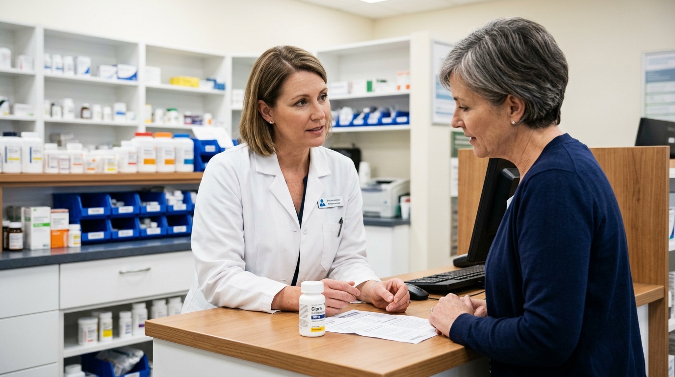 Pharmacist or clinician discussing Cipro safety and interaction precautions