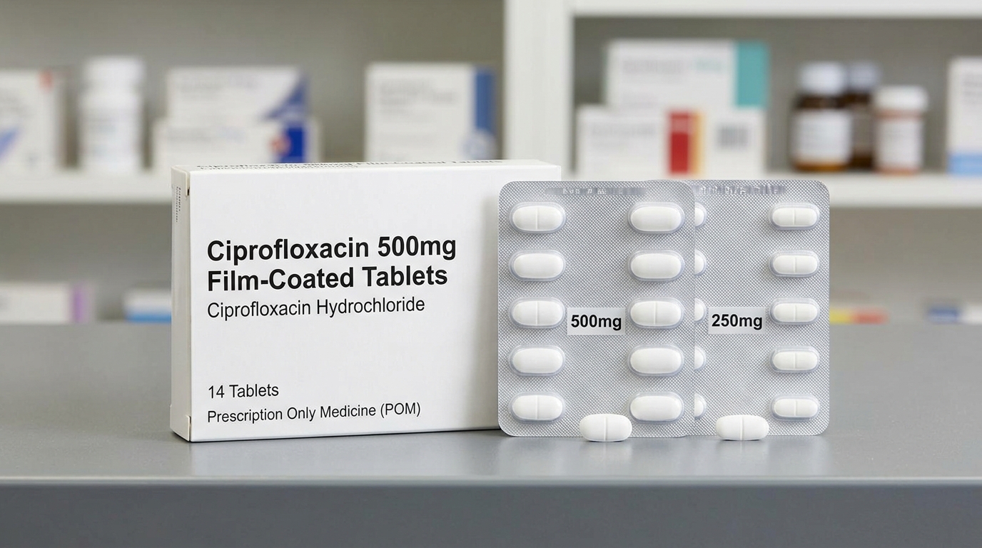 Cipro tablet packaging and different tablet strengths presented in a neutral pharmacy context