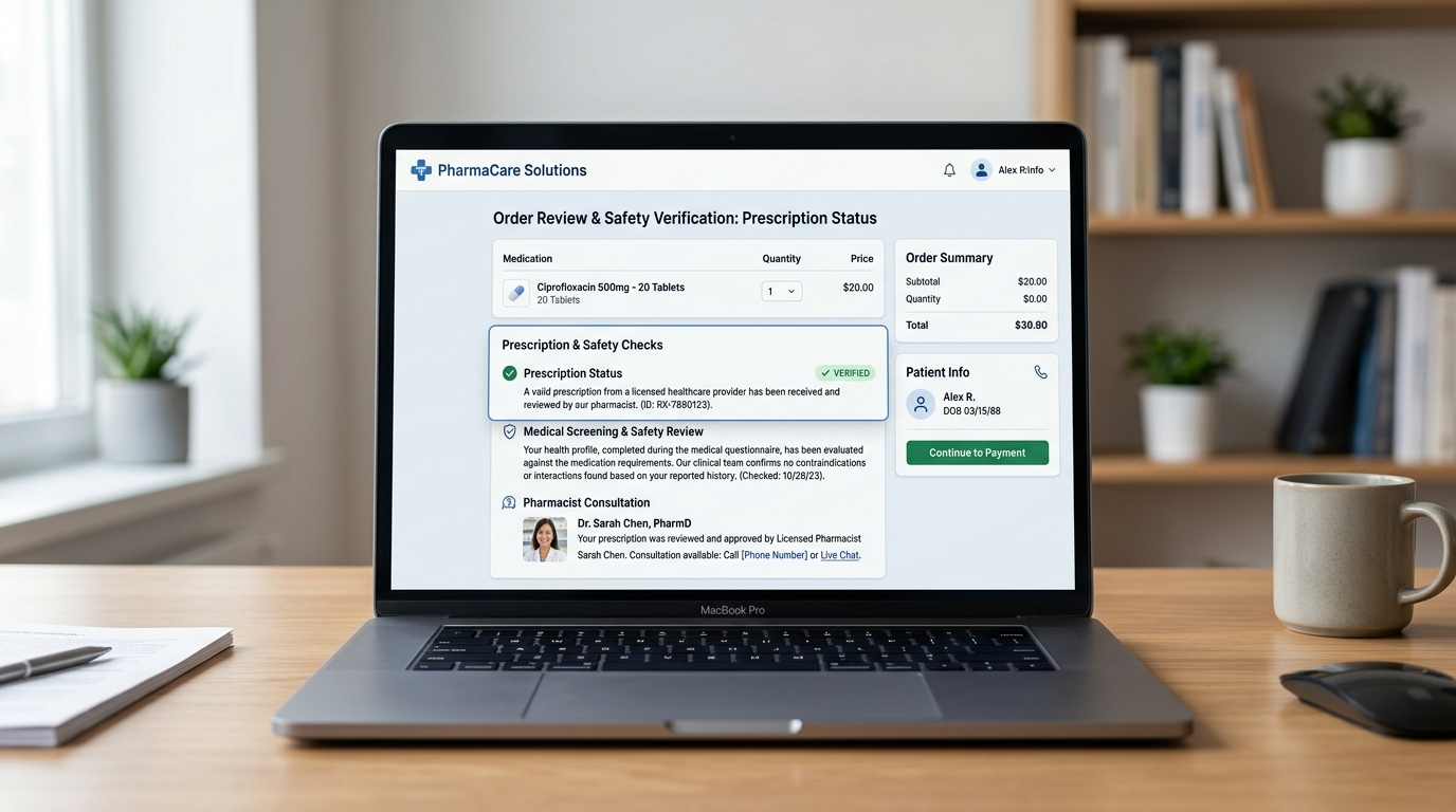Online pharmacy order review screen with emphasis on prescription and safety checks