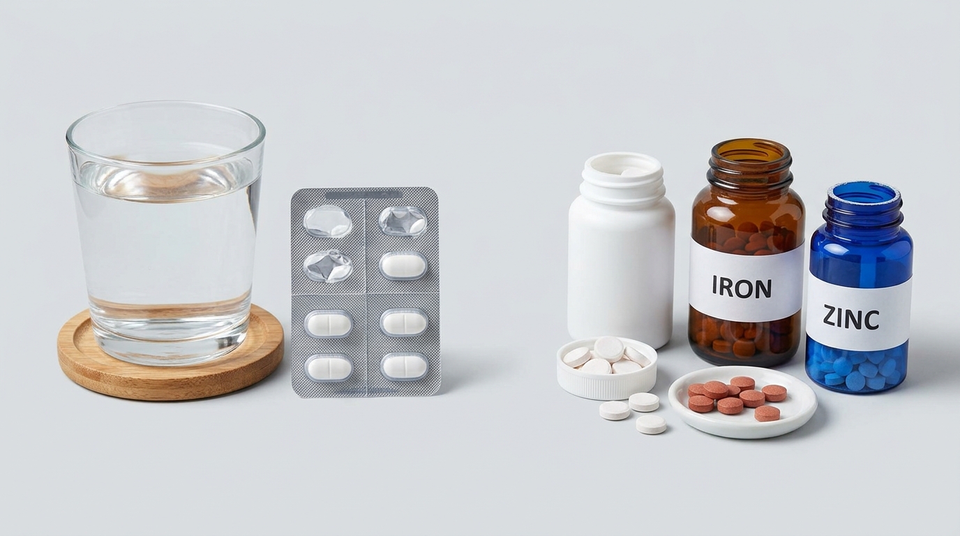 Medicines, supplements, and water arranged to illustrate ciprofloxacin timing and interaction checks