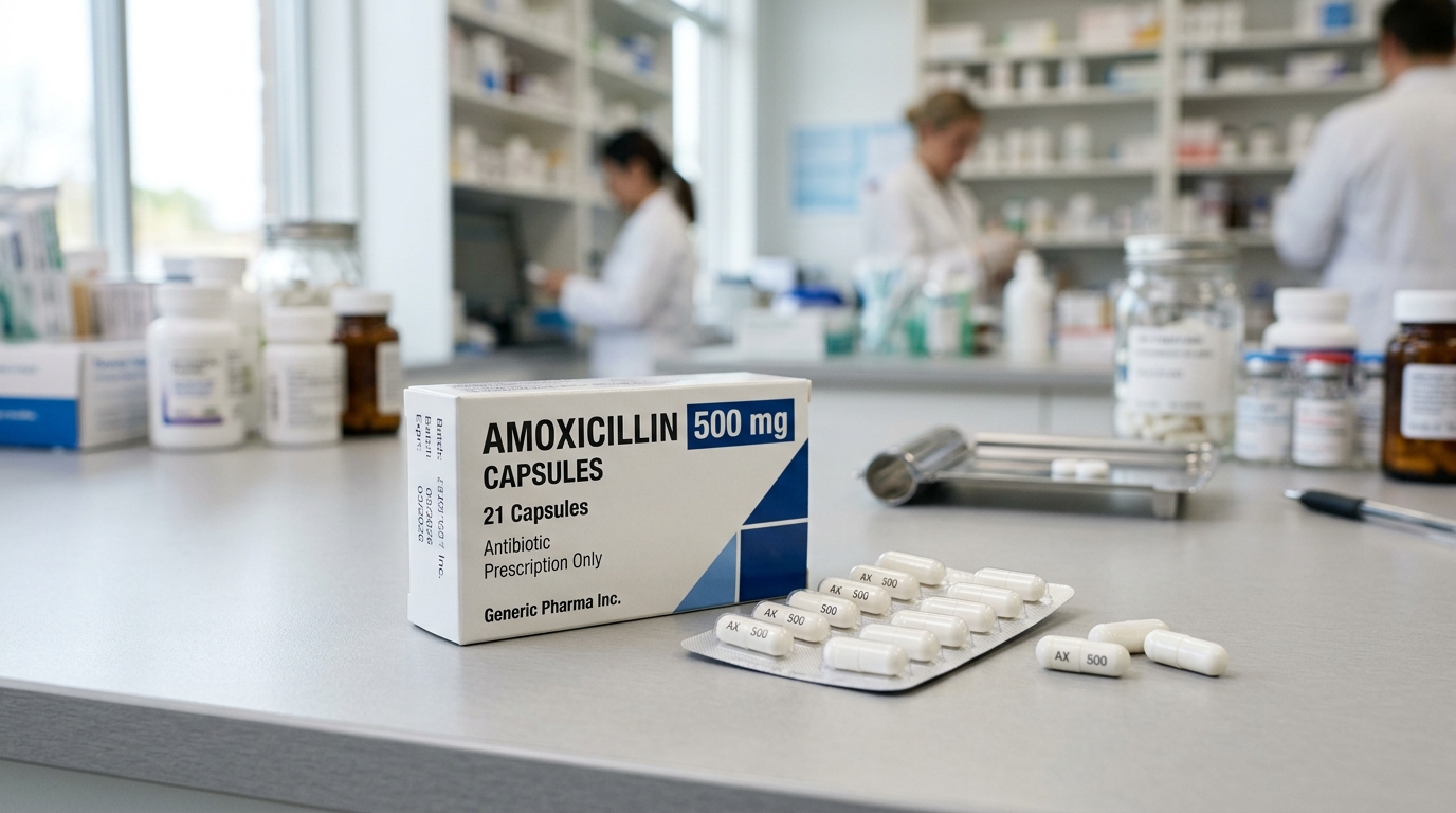 Amoxil medication packaging and tablets presented in a clean clinical setting