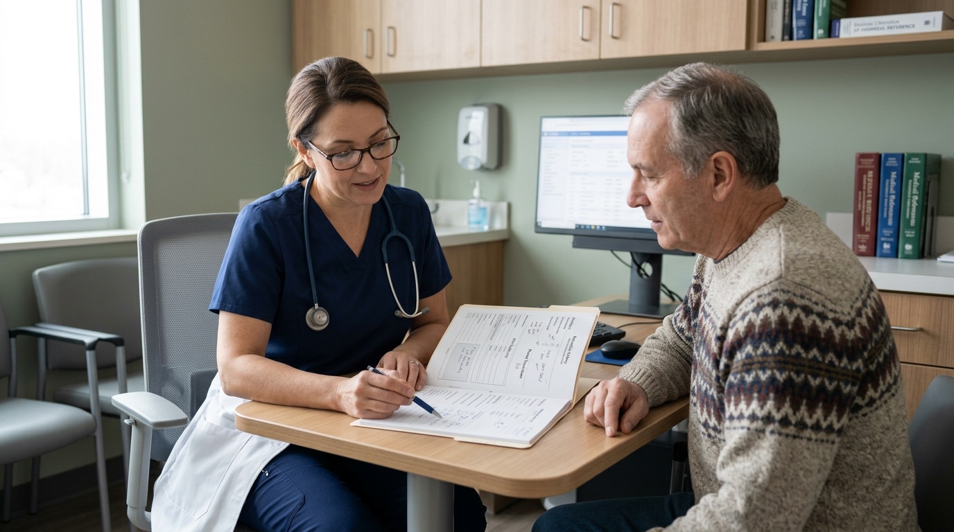 Clinician reviewing antibiotic suitability and allergy history with a patient