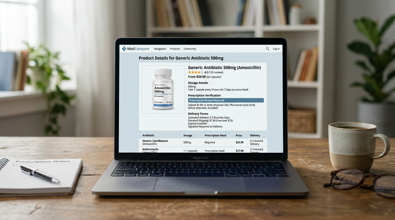 Online pharmacy comparison screen focused on prescription antibiotic details