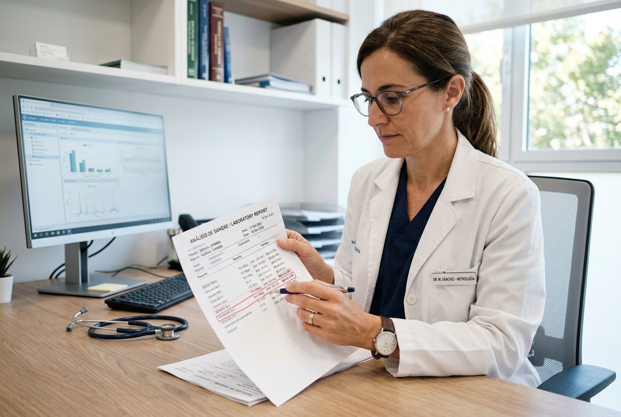 Profesional sanitario revisando análisis de electrolitos durante el tratamiento con diurético