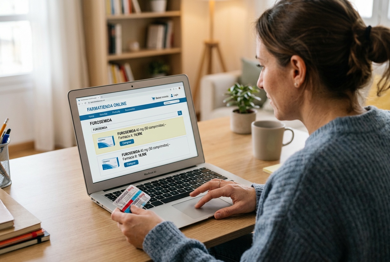 Persona comparando el precio de la furosemida en una farmacia online