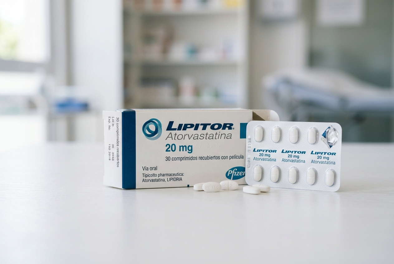 Pastillas de atorvastatina (Lipitor) junto a su empaque sobre una superficie clara
