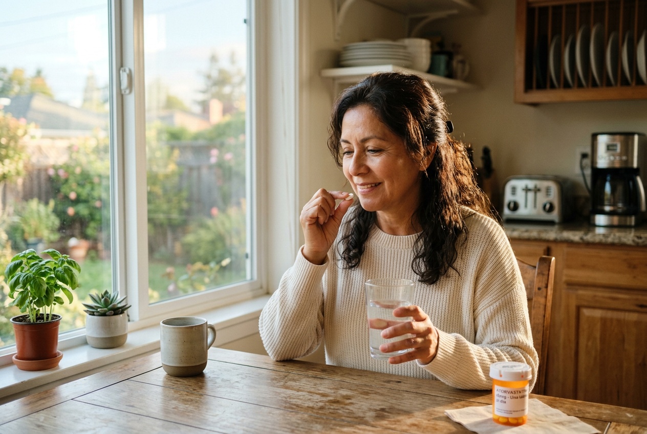 Persona tomando una pastilla con un vaso de agua a la misma hora del día