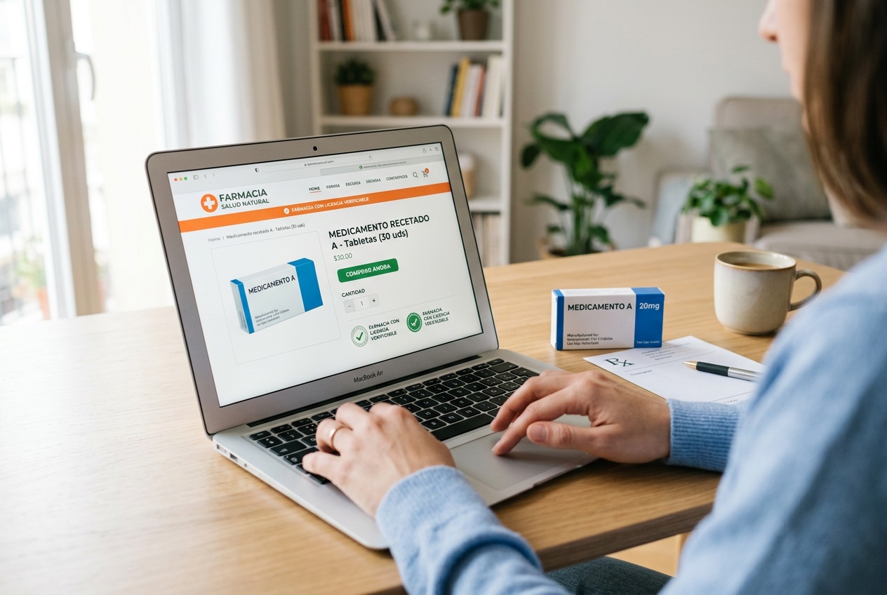 Persona realizando un pedido de medicamento en una farmacia online desde una laptop