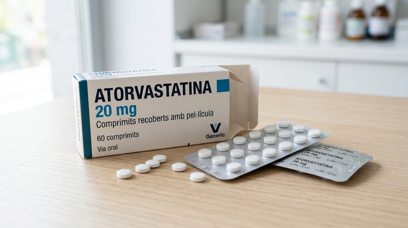 Comprimits d'atorvastatina Lipitor de 20 mg amb el seu envàs sobre una taula clara