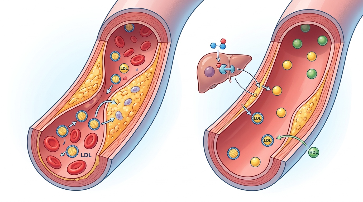 Ilustración del mecanismo de la atorvastatina reduciendo el colesterol en una arteria