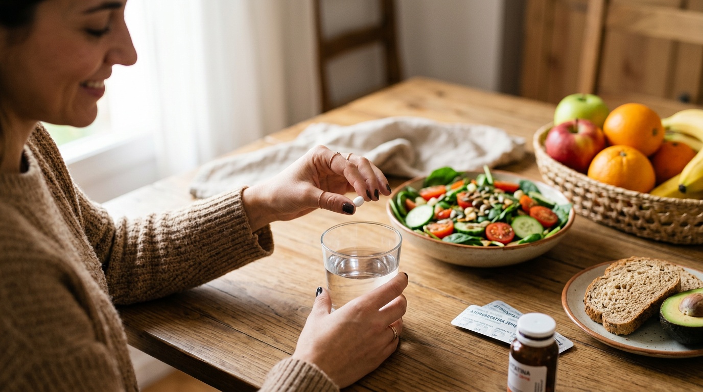 Persona tomando un comprimido con un vaso de agua junto a alimentos saludables