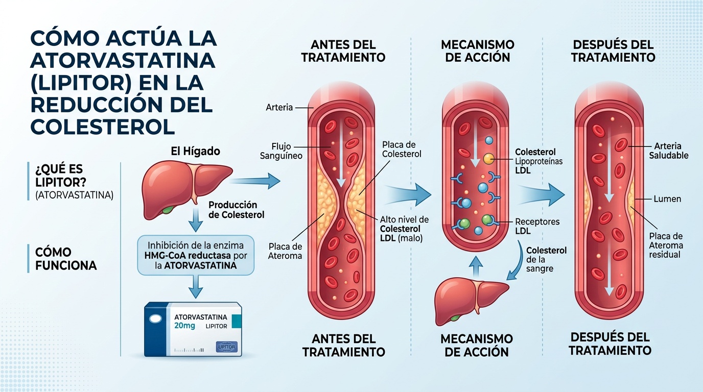 Ilustración de cómo la atorvastatina reduce el colesterol en las arterias