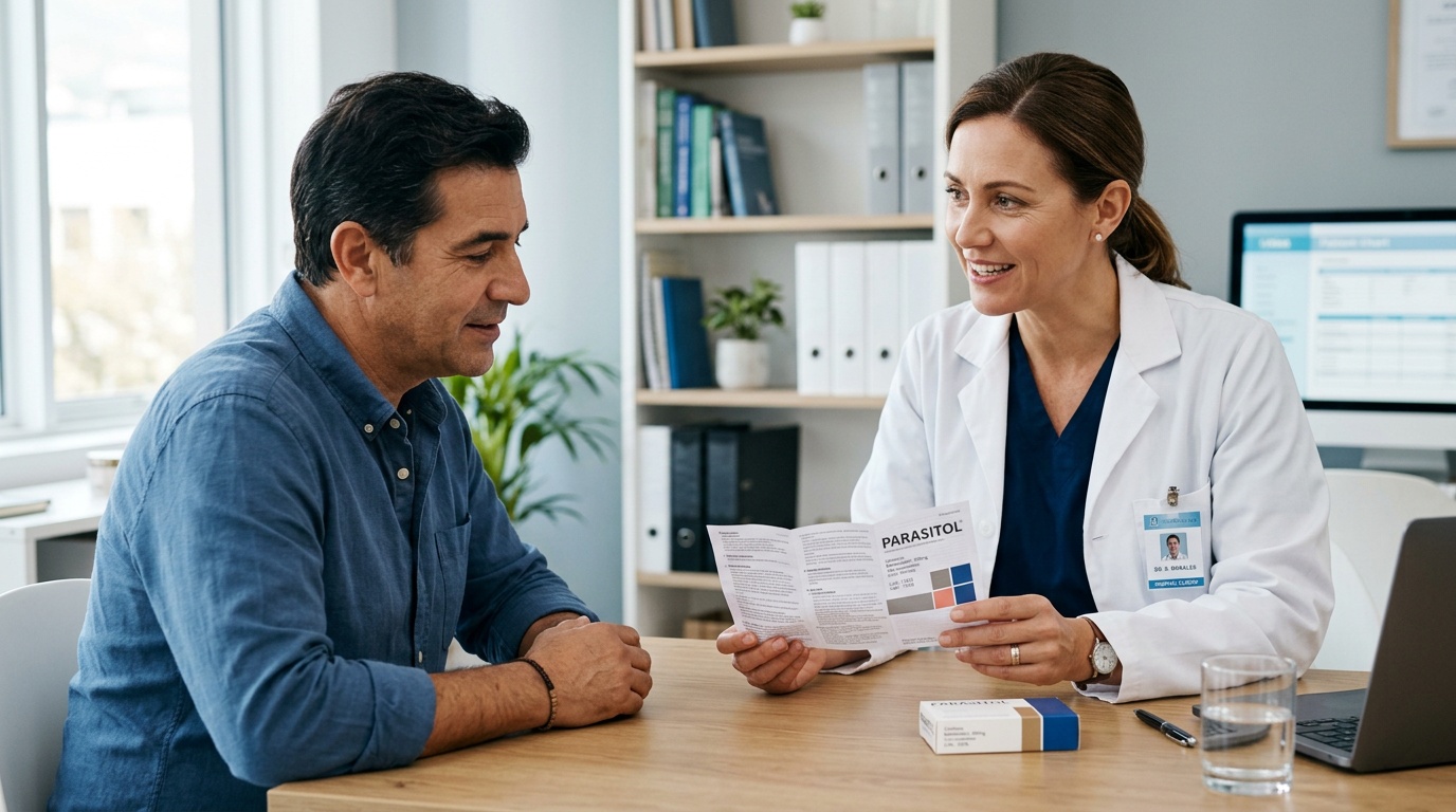 Profesional de salud revisando información de un medicamento con un paciente